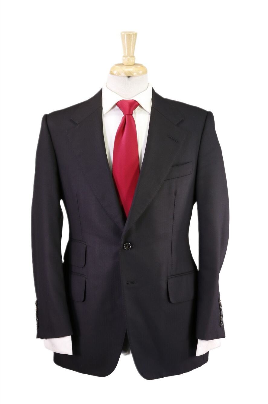 Gucci Tom Ford Era Black Herringbone 2-Btn Wide Lapel Wool Suit 38R